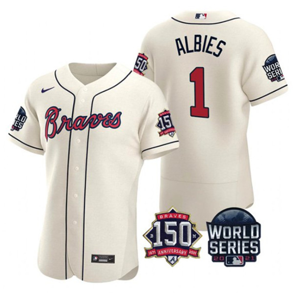 Men's Atlanta Braves #1 Ozzie Albies 2021 Cream World Series With 150th Anniversary Patch Stitched Baseball Jersey